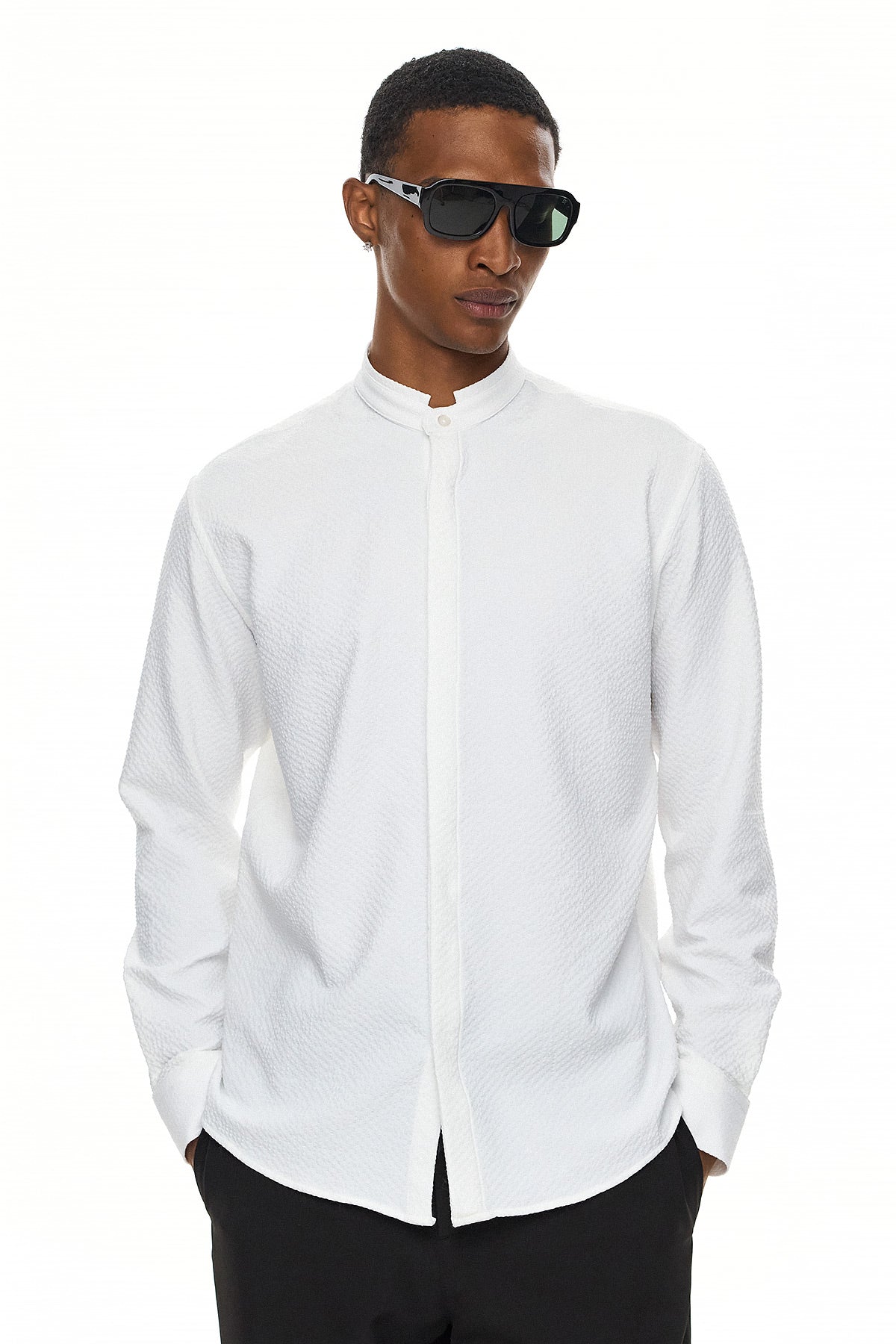 SORA Textured Mandarin Collar Shirt – White
