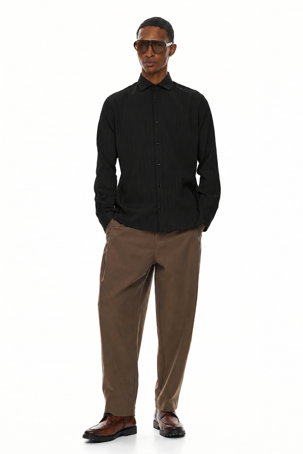 ELIO  Textured Long Sleeve Shirt - BLACK