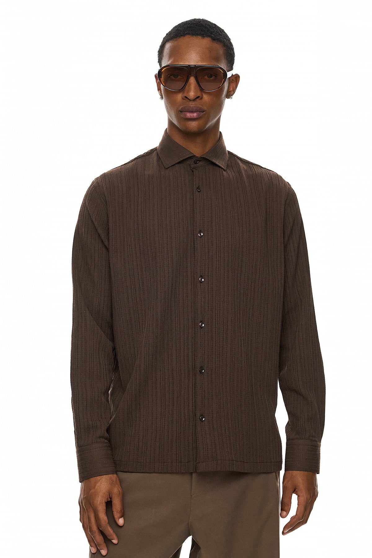 ELIO  Textured Long Sleeve Shirt - Brown