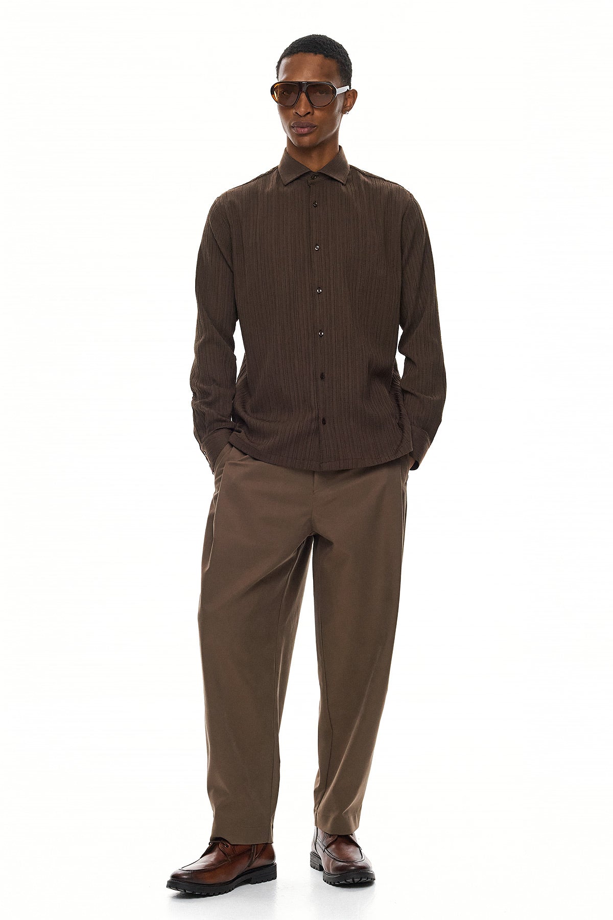 ELIO  Textured Long Sleeve Shirt - Brown