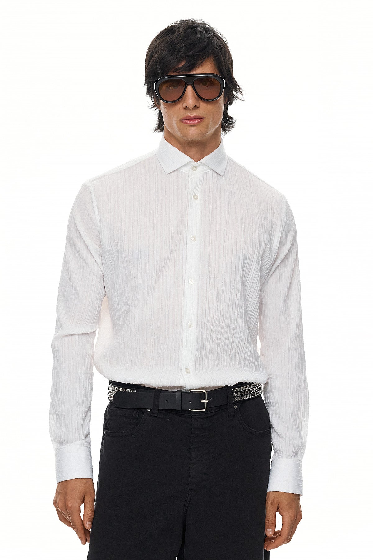 ELIO  Textured Long Sleeve Shirt - WHITE