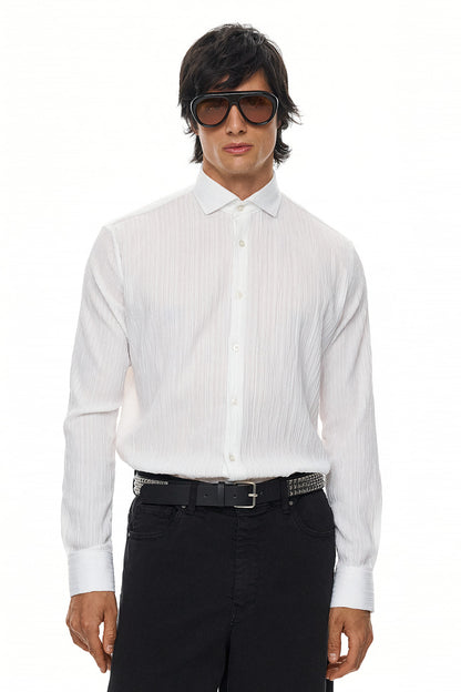 ELIO  Textured Long Sleeve Shirt - WHITE
