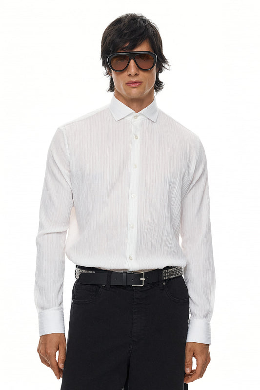 ELIO  Textured Long Sleeve Shirt - WHITE