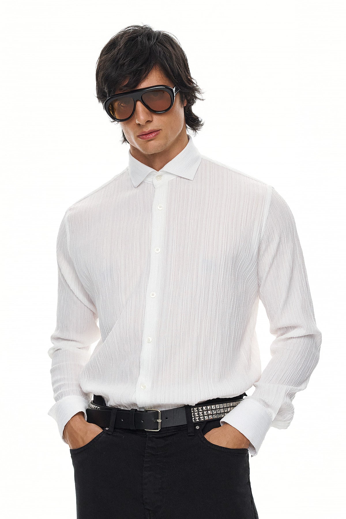 ELIO  Textured Long Sleeve Shirt - WHITE