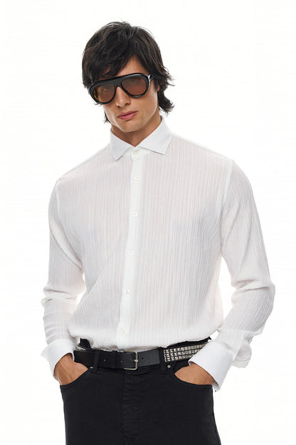 ELIO  Textured Long Sleeve Shirt - WHITE