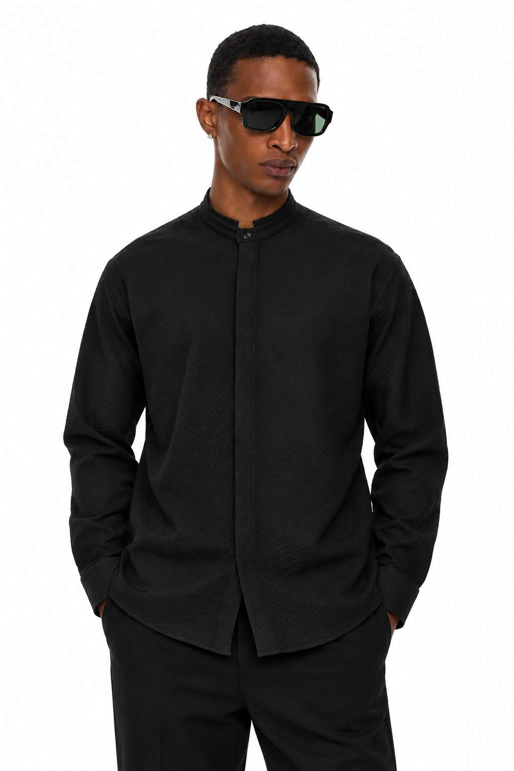 SORA Textured Mandarin Collar Shirt – Black