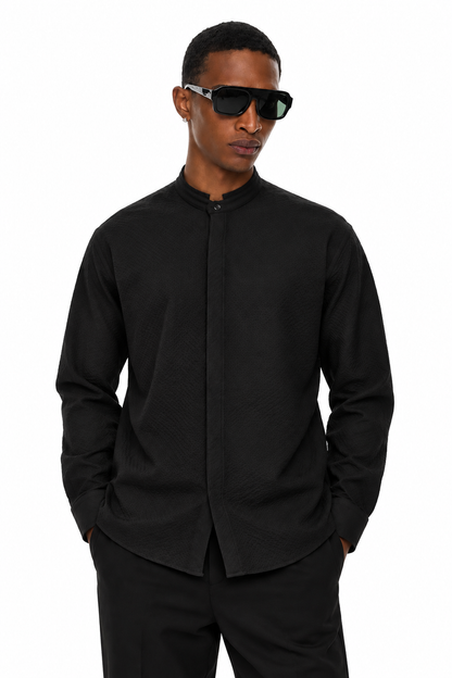 SORA Textured Mandarin Collar Shirt – Black