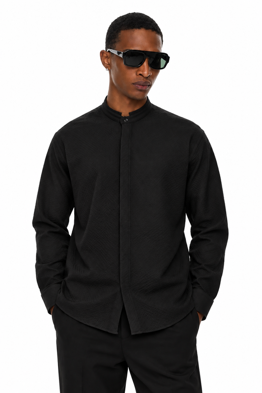 SORA Textured Mandarin Collar Shirt – Black