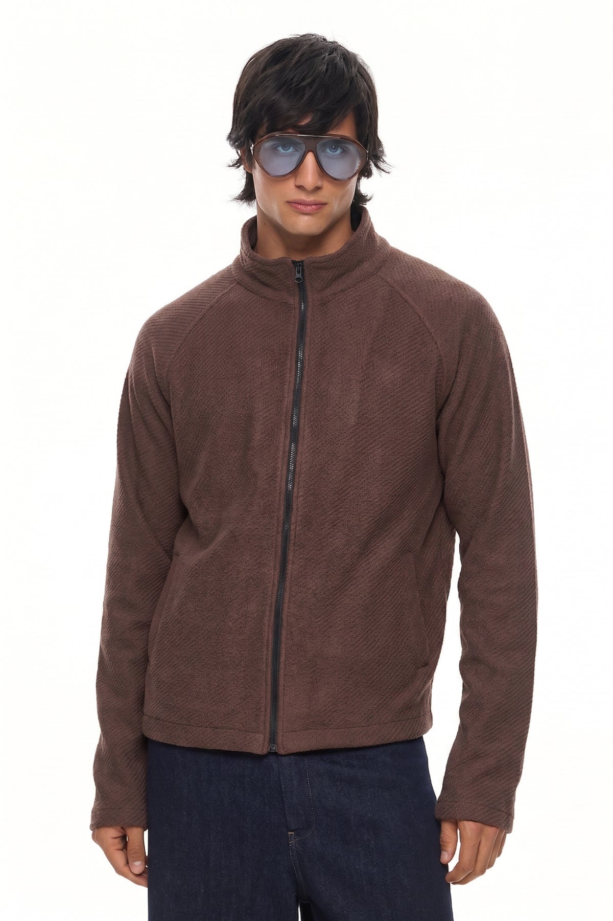 YORI Textured Zip Jacket – Brown