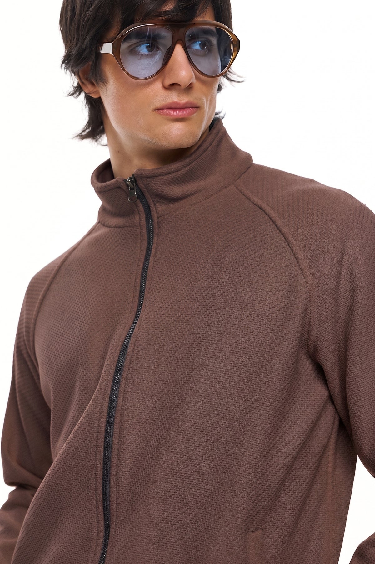YORI Textured Zip Jacket – Brown