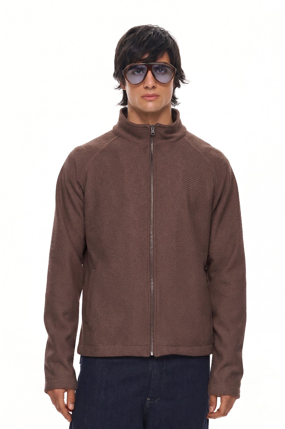 YORI Textured Zip Jacket – Brown
