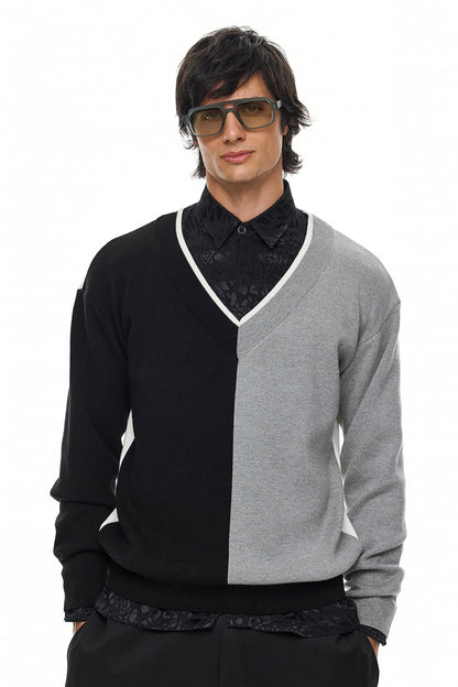 RUI Color Block V-Neck Sweater – Black / Grey / Ecru