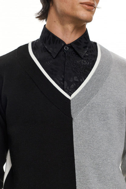 RUI Color Block V-Neck Sweater – Black / Grey / Ecru