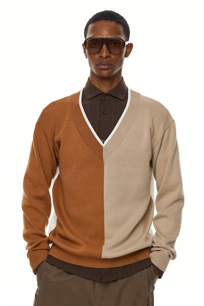 RUI Color Block V-Neck Sweater – Camel / Beige / Ecru