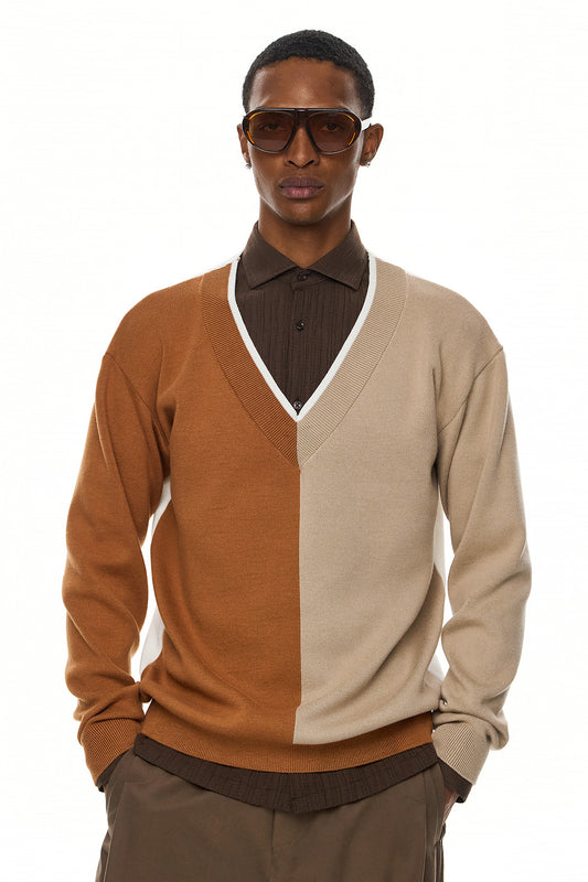 RUI Color Block V-Neck Sweater – Camel / Beige / Ecru