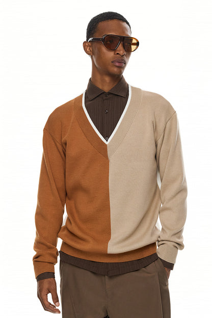 RUI Color Block V-Neck Sweater – Camel / Beige / Ecru